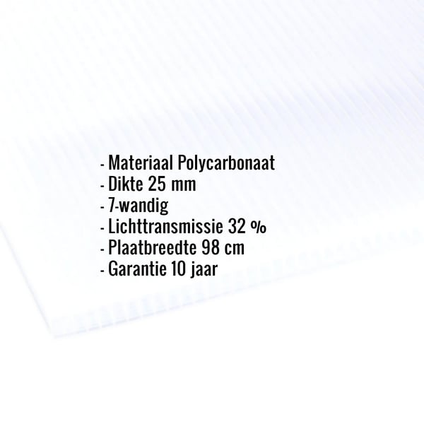 Polycarbonaat kanaalplaat 25 mm opaal wit, infografik met materiaaldikte en lichttransmissie
