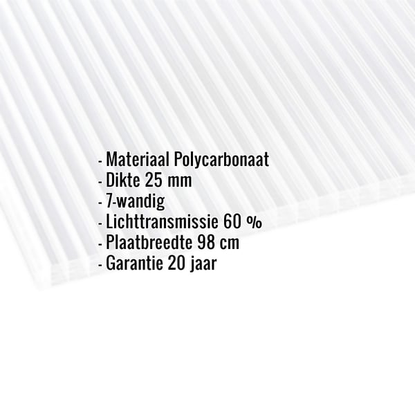 Helder polycarbonaat lichtplaat 25 mm, met ingebedde productdetails zoals dikte en garantie