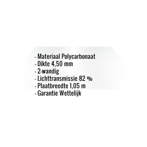 Infographic: Kerngegevens van de polycarbonaat kanaalplaat 4,5 mm, materiaal, dikte, lichttransmissie, plaatbreedte