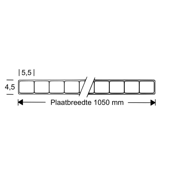 SALUX polycarbonaat dubbelwandige plaat 4,5 mm, helder, technische tekening met afmetingen