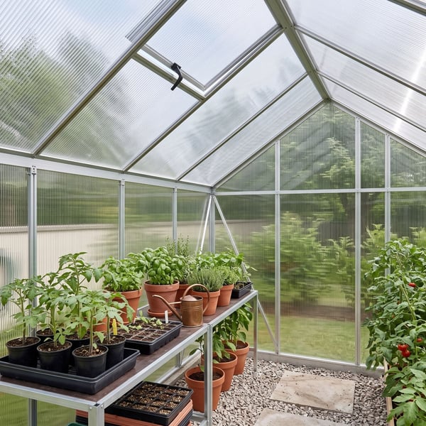 Binnenkant kweekkas met SALUX polycarbonaat dubbelwandige platen 6 mm, helder, en planten
