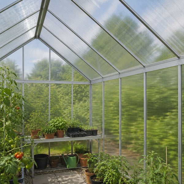 Binnenkant kweekkas met SALUX polycarbonaat dubbelwandige platen 6 mm, helder, dak en wanden