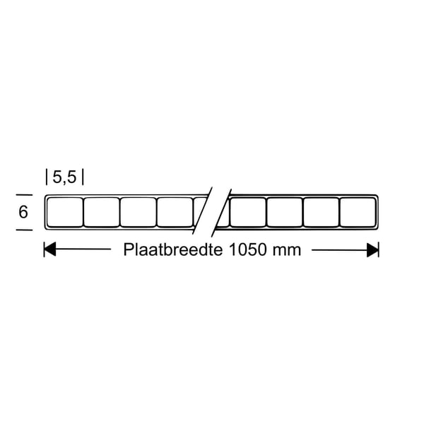 Technische tekening van polycarbonaat dubbelwandige plaat 6 mm, met breedte 1050 mm
