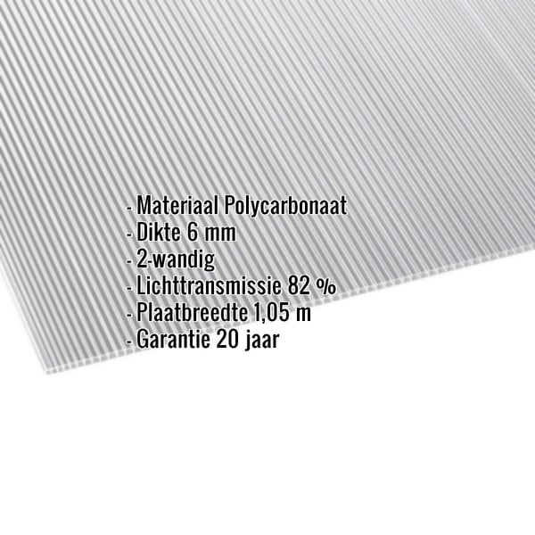Polycarbonaat dubbelwandige plaat 6 mm, helder, met ingebouwde gegevens materiaal, dikte, lichttransmissie, breedte, garantie