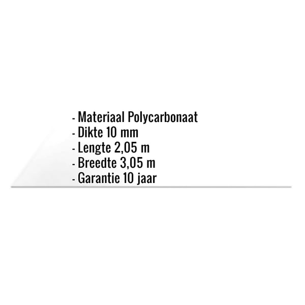 Polycarbonaat massieve plaat 10 mm, infografiek met materiaal, dikte, lengte, breedte en garantie