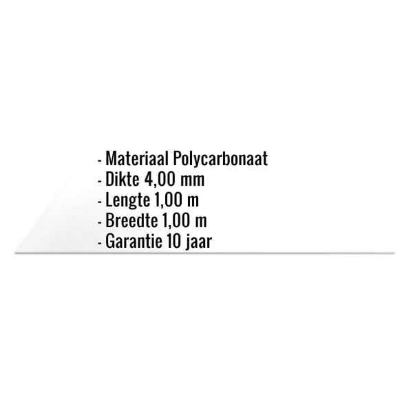 Infographic: Polycarbonaat massieve plaat 4 mm, kerngegevens materiaal, dikte, lengte, breedte en garantie getoond