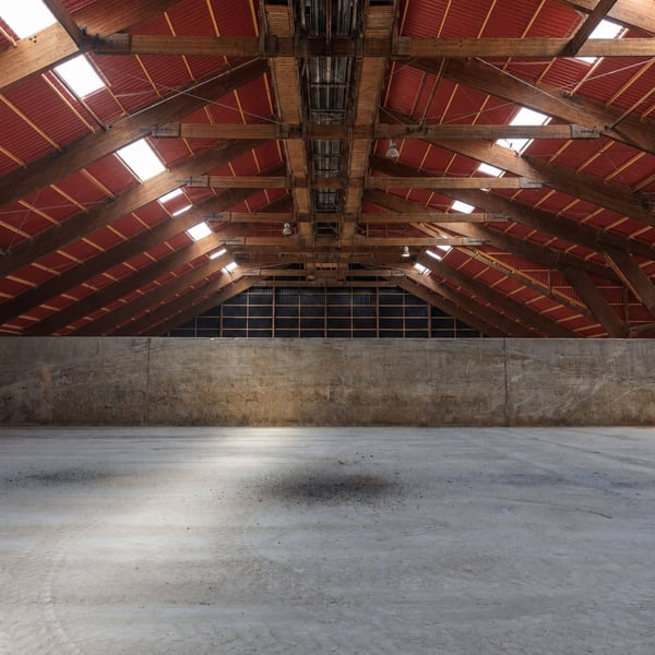 Interieur van een grote hal met houten dakconstructie en terracotta golfplaten