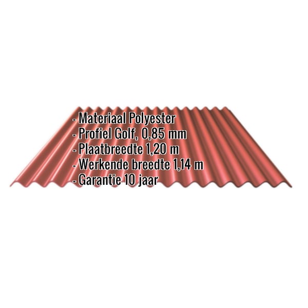 Polyester golfplaat terracotta 0,85 mm met ingebedde specificaties zoals materiaal, profiel en afmetingen