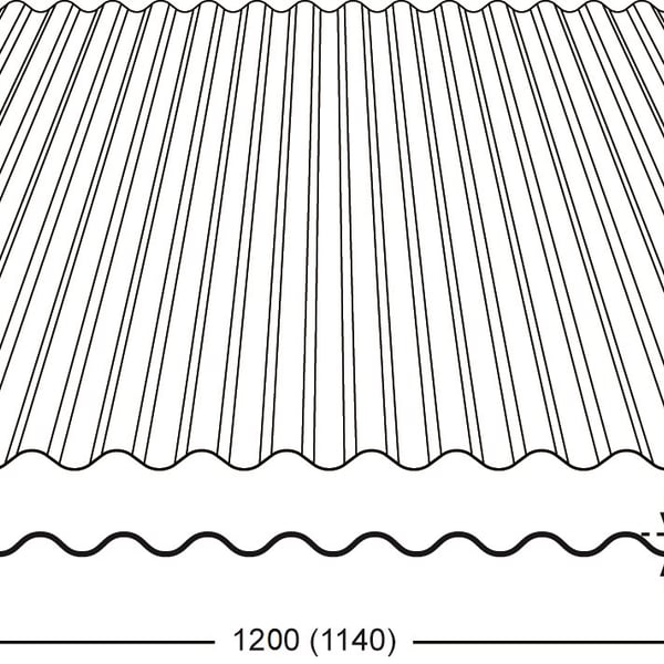 Technische tekening van de polyester golfplaat met afmetingen 1200 (1140) mm breed en golfhoogte 18 mm