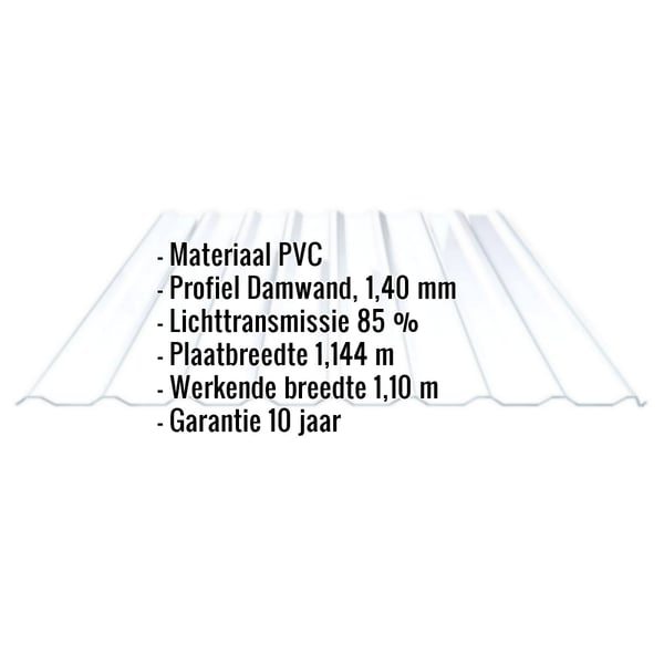PVC damwandplaat 1,40 mm, licht blauw getint, met ingebedde productgegevens