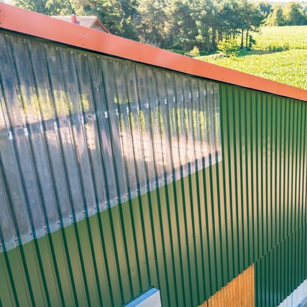PVC damwandplaat, 1,40 mm, helder, licht blauw getint, als lichtstrook in een groene wandbekleding gemonteerd