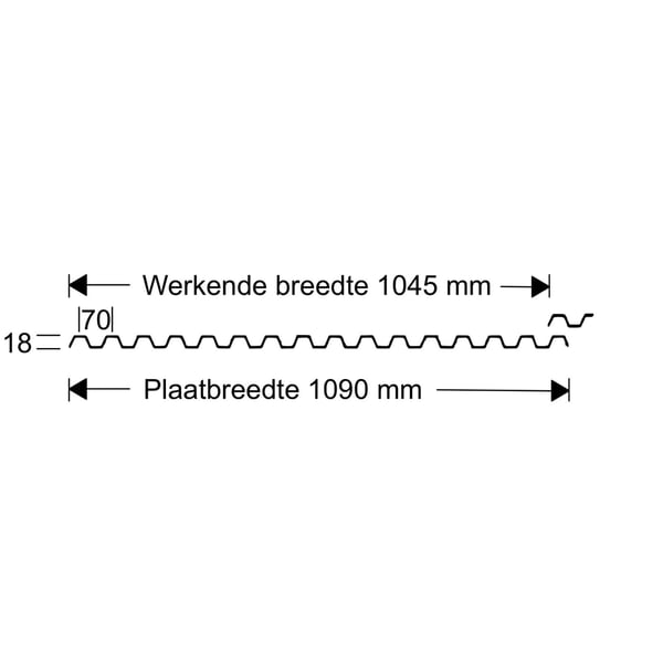 Technische tekening van SALUX PVC damwandplaat 70/18 met werkende breedte 1045 mm en plaatbreedte 1090 mm
