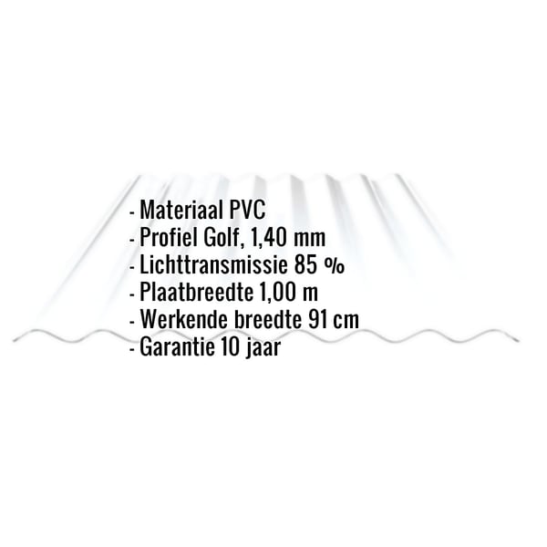 PVC golfplaat 130/30, 1,40 mm, met ingebouwde gegevens over materiaal, profiel, lichttransmissie en garantie