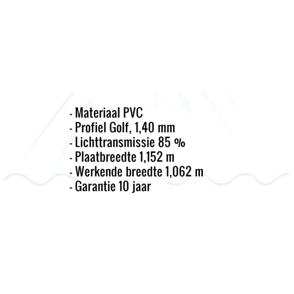 Infographic: PVC golfplaat 177/51, 1,40 mm, met materiaal, profiel, lichttransmissie en afmetingen weergegeven