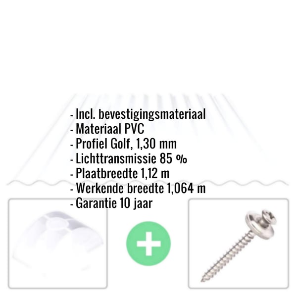PVC golfplaat 76/18, 1,30 mm, helder, met ingebouwde gegevens en bevestigingsmateriaal