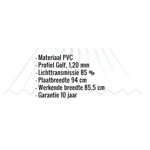 Infographic: PVC golfplaat 94/34, 1,20 mm, met ingebouwde specificaties voor materiaal, profiel, lichttransmissie en garantie