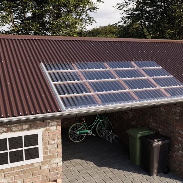 Plaatsing van transparante PVC golfplaten 95/35 als lichtstraat in een carportdak van damwandplaten