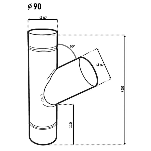 Technische tekening regenpijp T-stuk 60 graden, diameter 90 mm, totale hoogte 330 mm