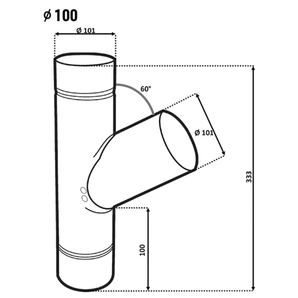 Technische tekening verzamelstuk 60 graden met afmetingen, diameter 100 mm