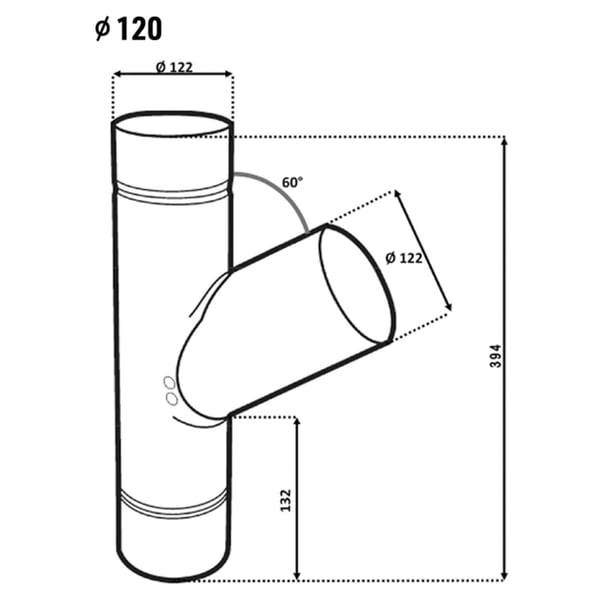 Technische tekening van een fallrohrabzweig 60° met afmetingen en diameter 120 mm