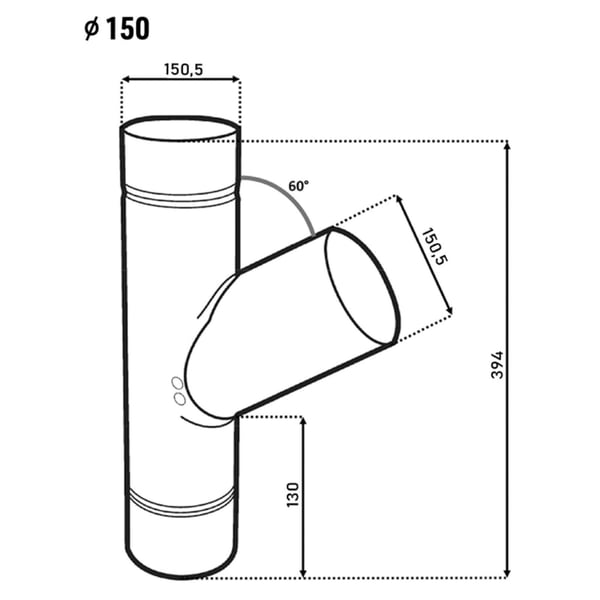 Technische tekening van een afvoerbuis aftakking 60 graden met diameter 150 mm en afmetingen