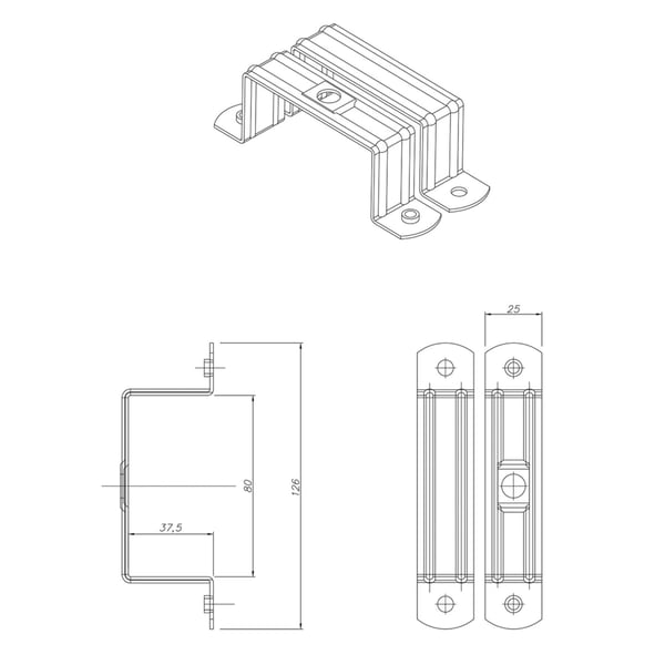Technische tekening van de regenpijpbeugel met afmetingen 80 mm en 126 mm, zij- en bovenaanzicht