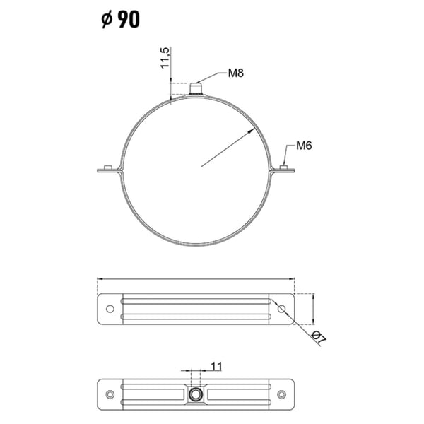 Technische tekening van valbuisklem met diameter 90 mm en afmetingen
