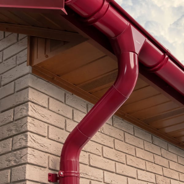 Kersrode regenpijpbeugel detail aan een bakstenen muur, onderdeel van een compleet afvoersysteem
