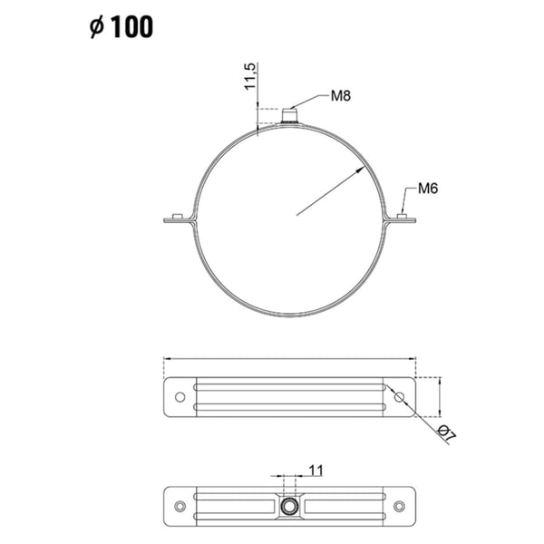 Technische tekening van een regenpijpbeugel met diameter Ø 100 en schroefmaten M8 en M6