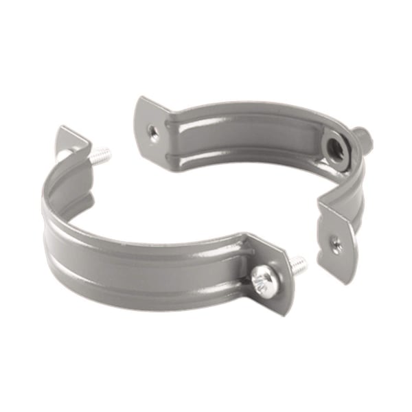 Valbuisklem van staal in grijs aluminiumkleurig (RAL9007) met schroeven, hoofdaanzicht