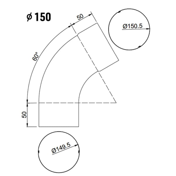 Technische tekening regenpijpbocht verzinkt, diameter 150 mm, hoek 60 graden