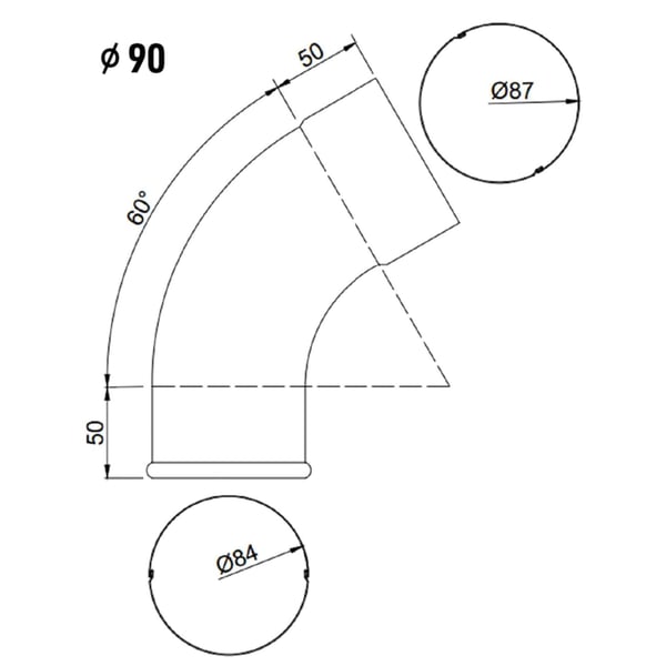 Technische tekening van een afvoerbuisbocht met diameter 90 mm en hoek van 60 graden