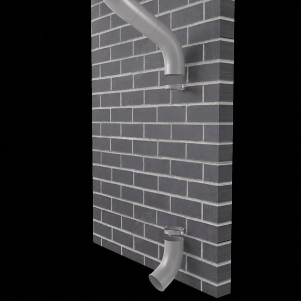 Twee grijs aluminiumkleurige Niagara regenpijpbochten gemonteerd op een bakstenen muur