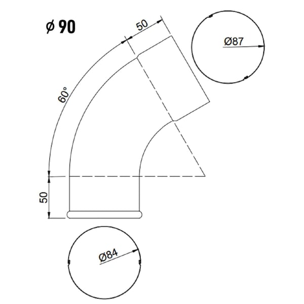 Technische tekening van de fallrohraansluiting met Ø 90 mm, 60° bocht en afmetingen
