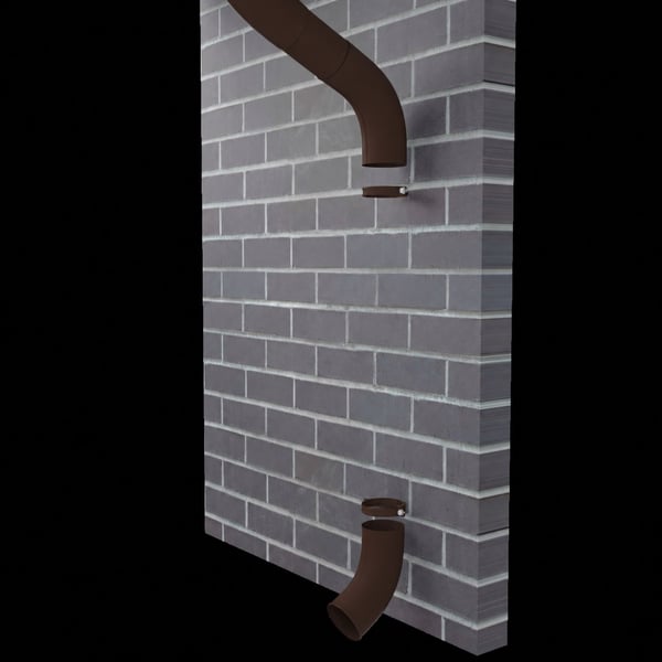Chocoladebruine stalen regenpijpuitloop gemonteerd aan een bakstenen muur, 50 µm Polyurethaan coating