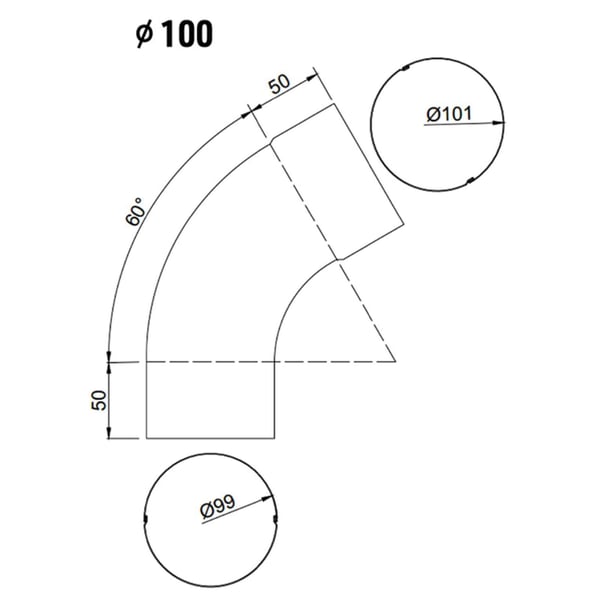 Technische tekening van een fallrohrausloop met diameter Ø 100 mm en 60 graden bocht