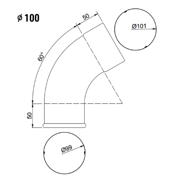 Technische tekening van een valpijpuitloop met 60° bocht, diameter 100 mm, en afmetingen