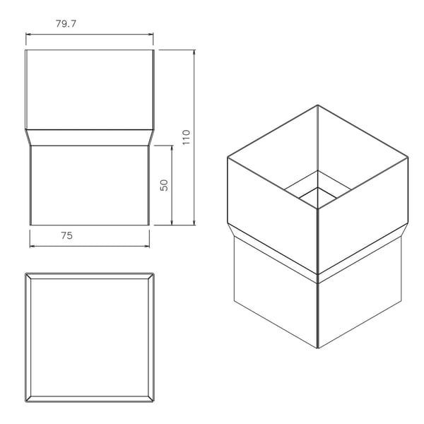 Technische tekening van de regenpijpverbinder met afmetingen 79.7, 110, 50 en 75 mm