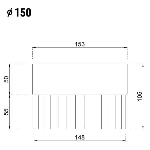 Technische tekening van de afvoerbuisverbinder, diameter 150 mm, met afmetingen