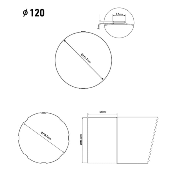 Technische tekening van de regenpijp met diameter ", 120 mm en gedetailleerde afmetingen