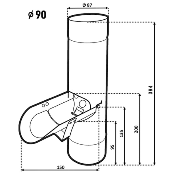 Technische tekening regenwaterafscheider met afmetingen, diameter 90 mm, hoogte 394 mm
