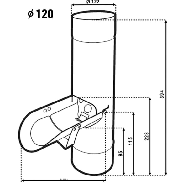 Technische tekening van de regenwaterafscheider met afmetingen, diameter 120 mm, hoogte 394 mm