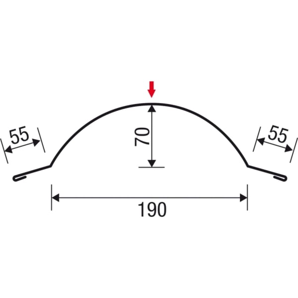 Technische tekening nokvorst halfrond met afmetingen 190 mm breed, 70 mm hoog, 55 mm zijde