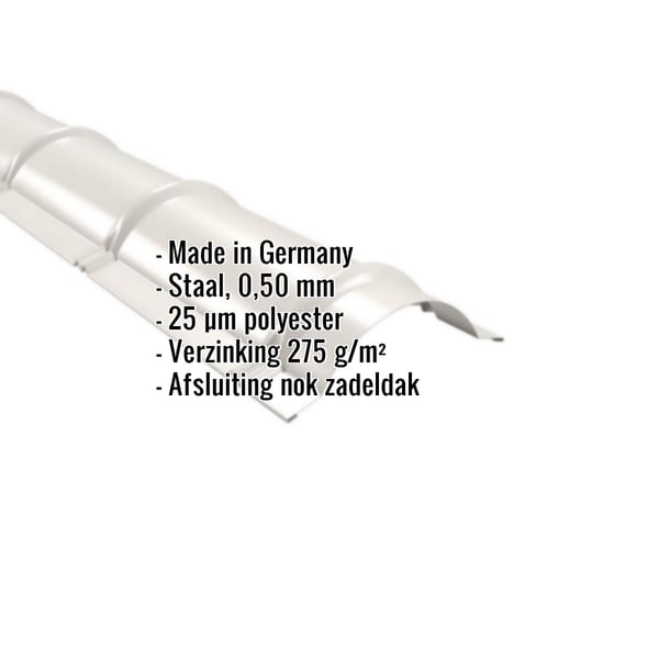 Nokvorst halfrond, zuiverwit RAL 9010, met ingebedde productgegevens over materiaal, dikte en coating