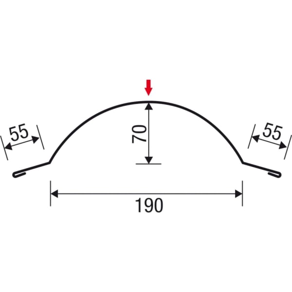 Technische tekening nokvorst halfrond met afmetingen 190 mm breedte en 70 mm hoogte