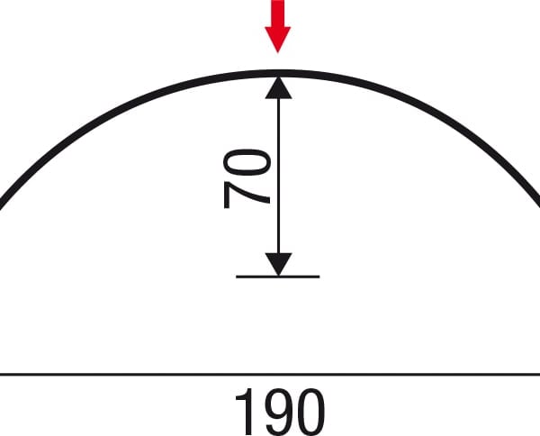 Technische tekening nokvorst halfrond met afmetingen: breedte 190 mm, hoogte 70 mm, zijden 55 mm