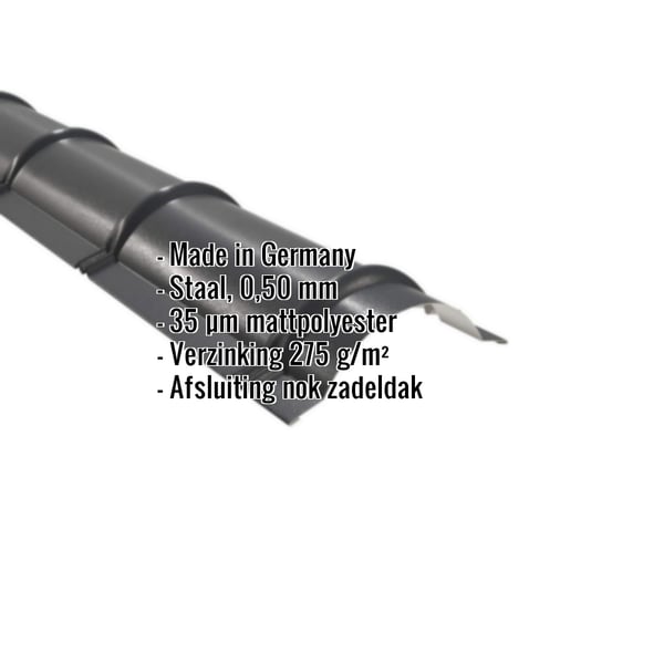Nokvorst halfrond, donkergrijs, 0,50 mm staal met matpolyester coating, belangrijke gegevens weergegeven