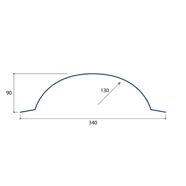 Technische tekening van de halfronde nokvorst met afmetingen: breedte 340, hoogte 90, radius 130