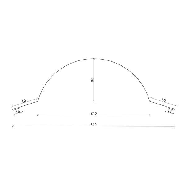 Technische tekening nokvorst halfrond groot met afmetingen: 310 mm totale breedte, 82 mm hoogte