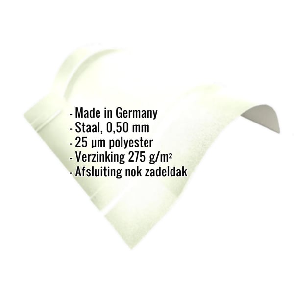 Nokvorst halfrond groot, Grijswit RAL 9002, met ingebedde productgegevens over materiaal en coating